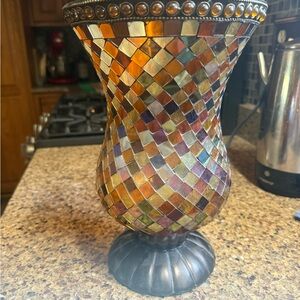 Colorful Mosaic Glass Vase with Bronze Details